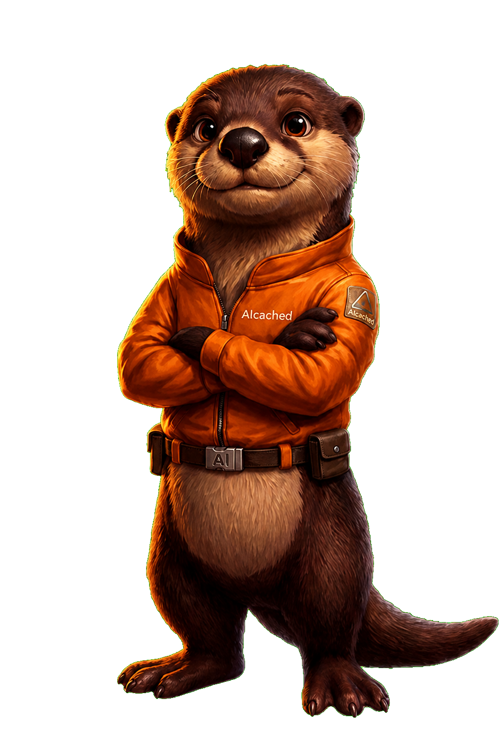 Cache, the otter mascot, wearing an orange jacket